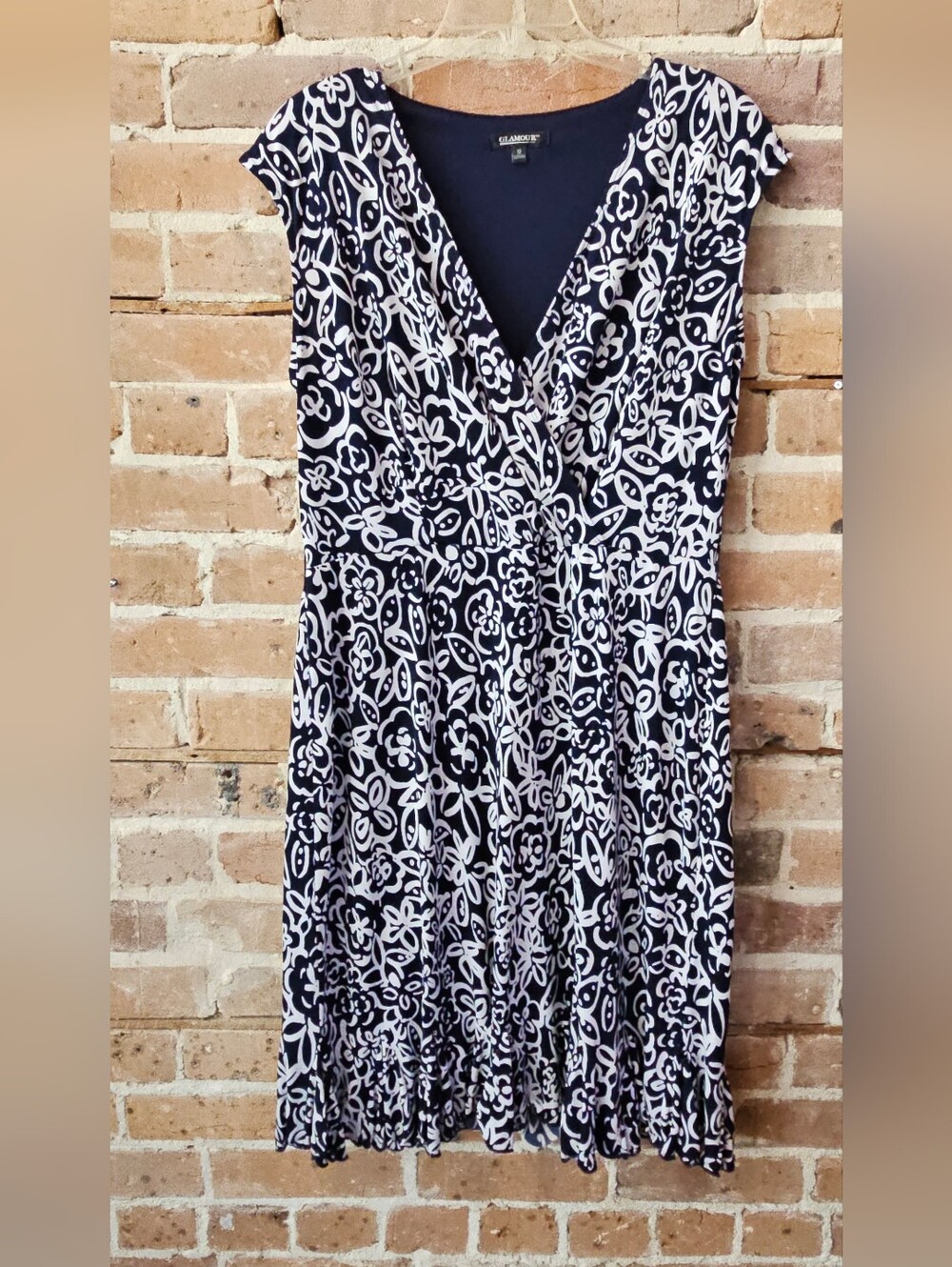 Glamour Navy and White Floral Wrap-Style Midi Dress Size 12
